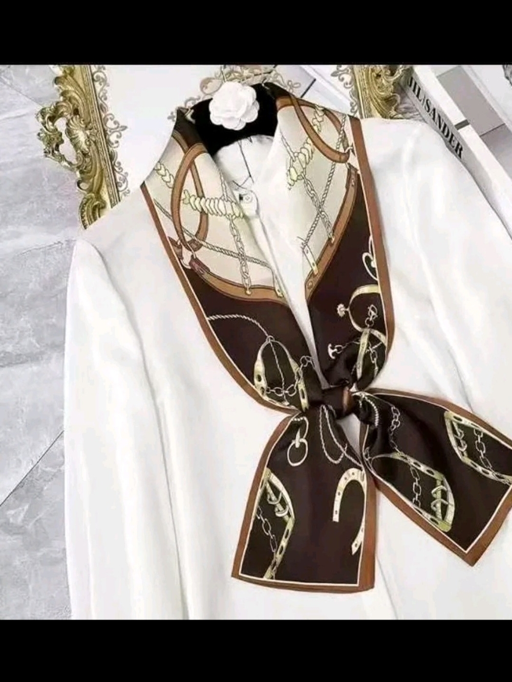 Classic Brown & Cream Chain-Print Satin Neck Scarf